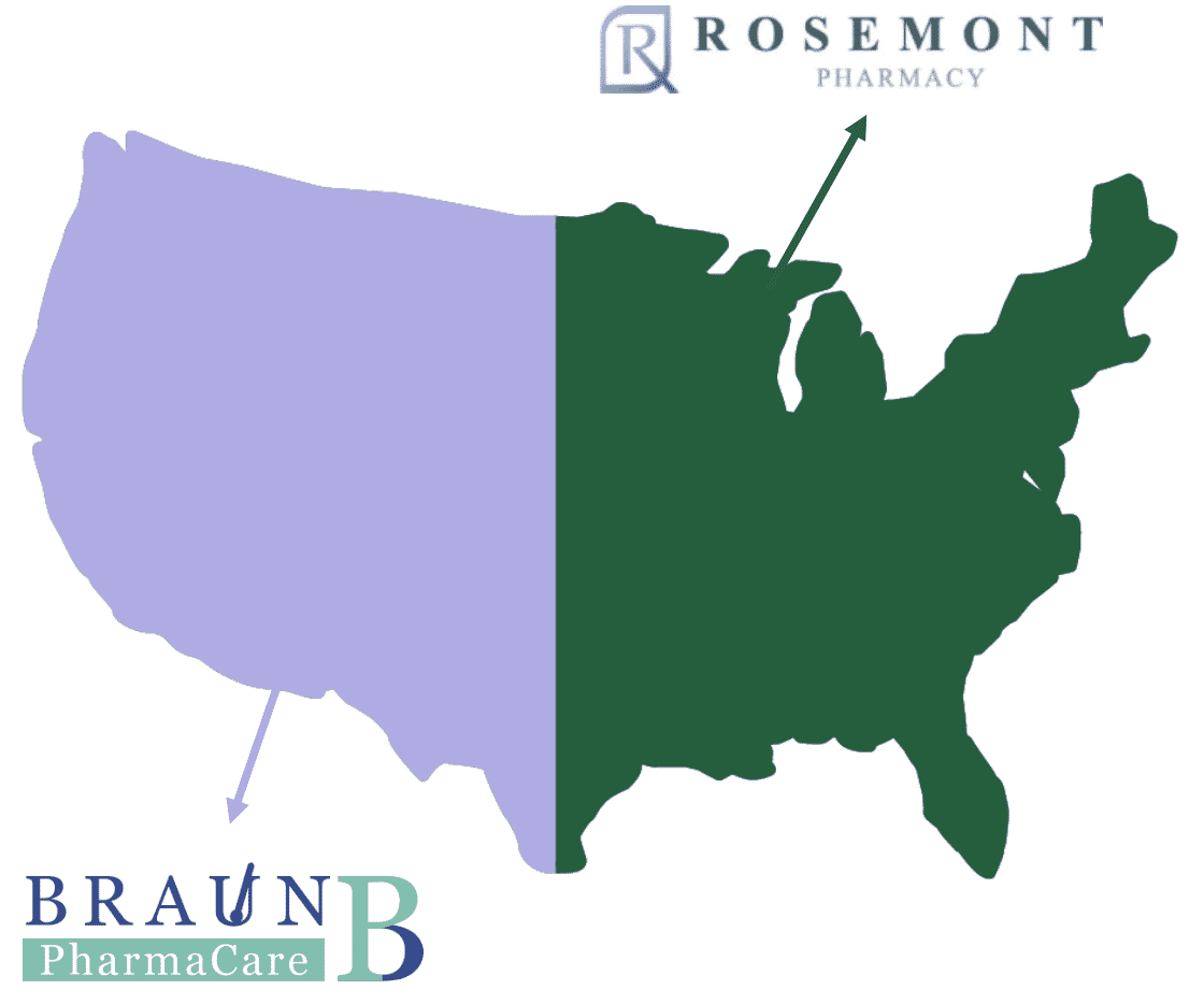 rescripted rx graphic of the united states split between two fulfillment pharmacies braun pharmacare and rosemont pharmacy