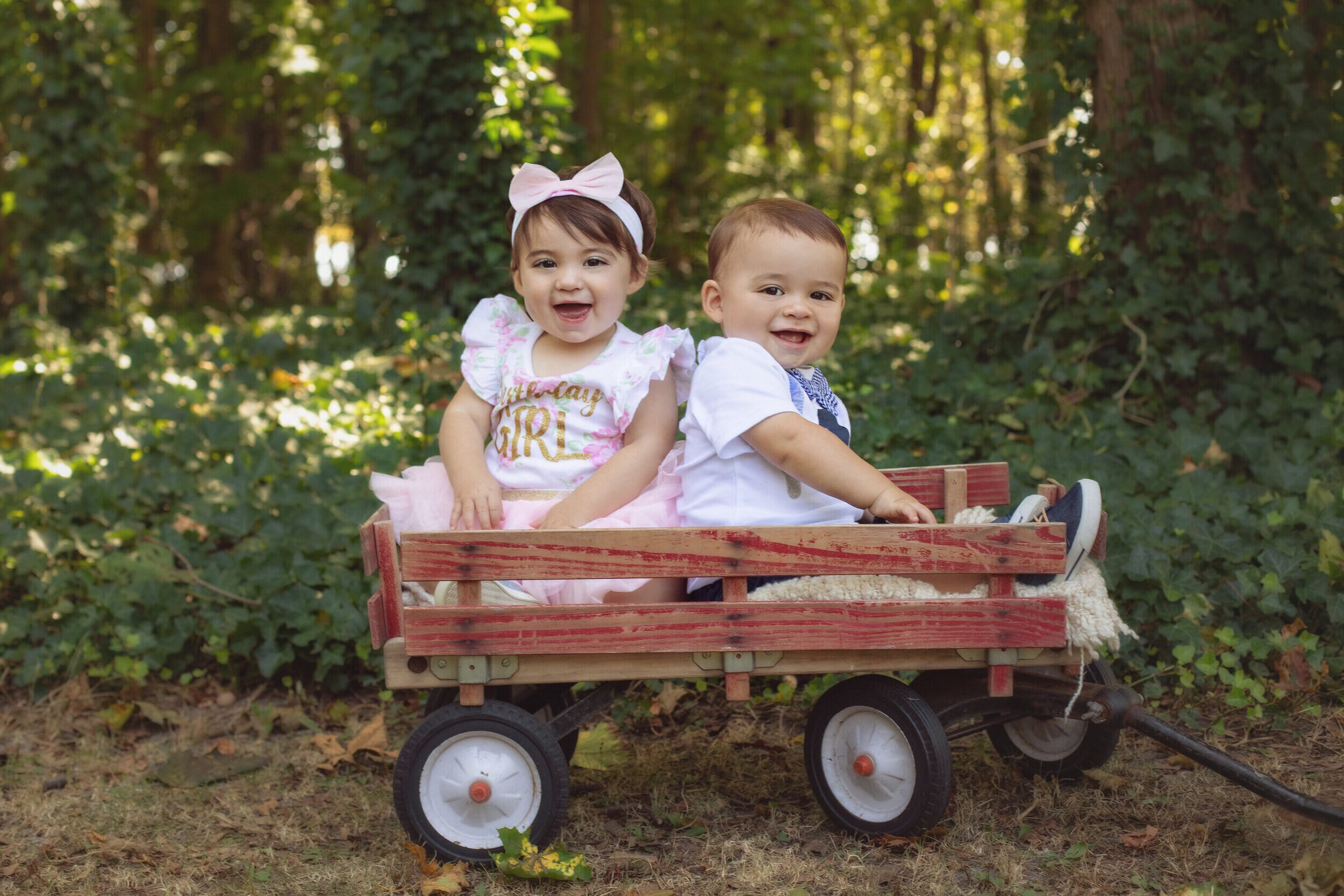 boy girl twins in a red wagon