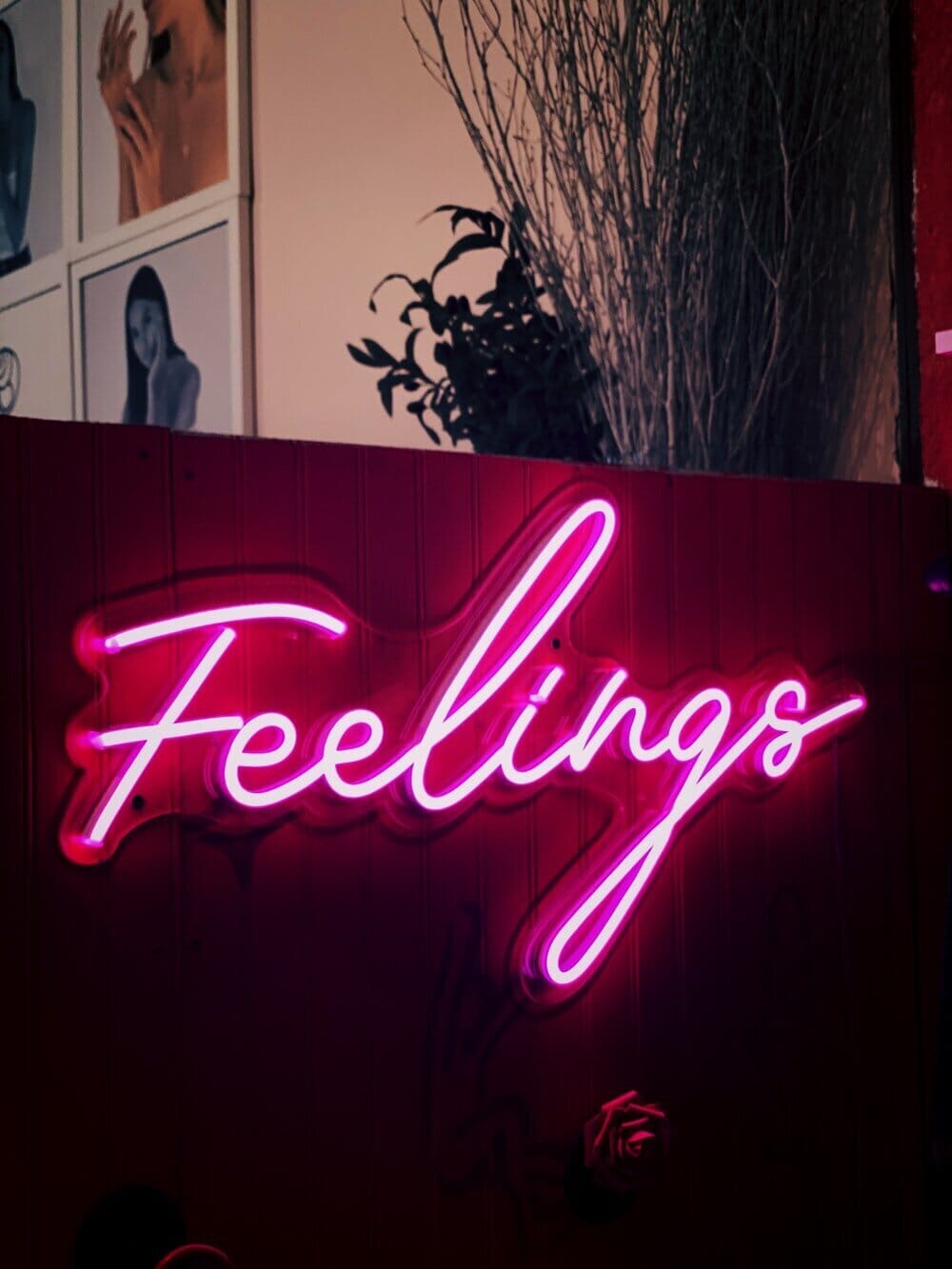 neon &quot;feelings&quot; sign on a wood-clad wall
