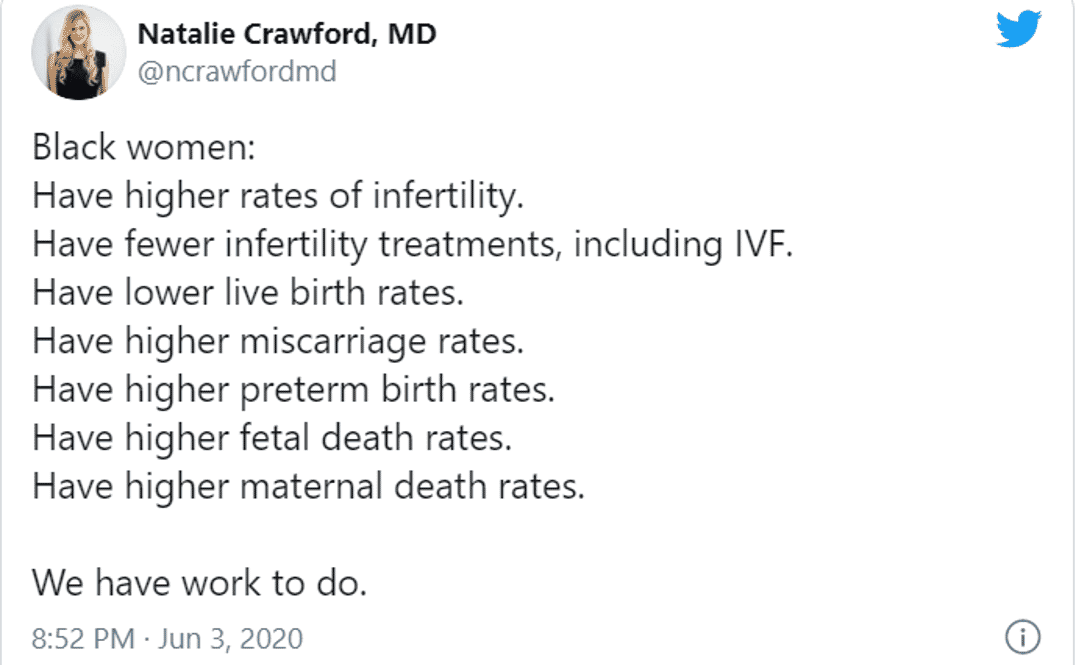 screen share of a tweet by natalie crawford, md about reproductive statistics for black women